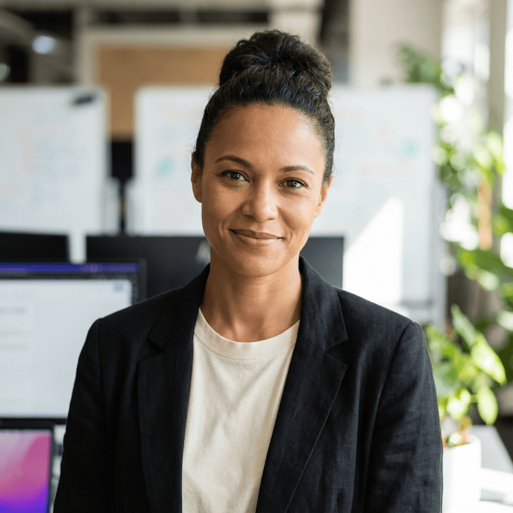 Female network engineer in her early 30s, White, professional and analytical look, wearing business casual attire