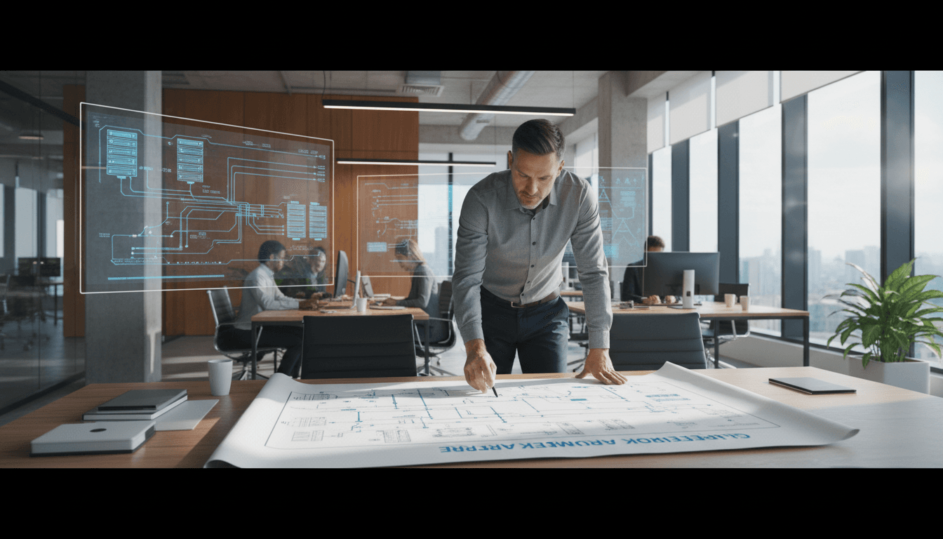 Engineer reviewing network infrastructure plans in a modern office