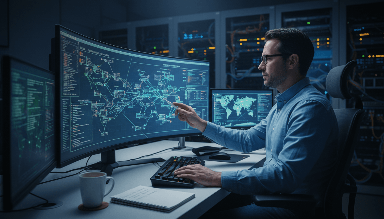 Network engineer analyzing network topology diagrams on a monitor