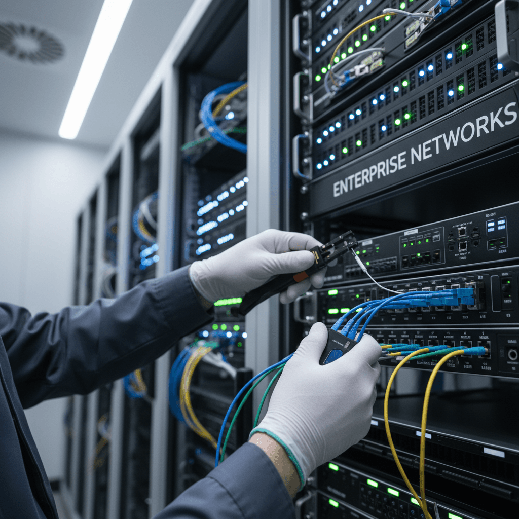 Engineer inspecting neatly routed cables in a network server room