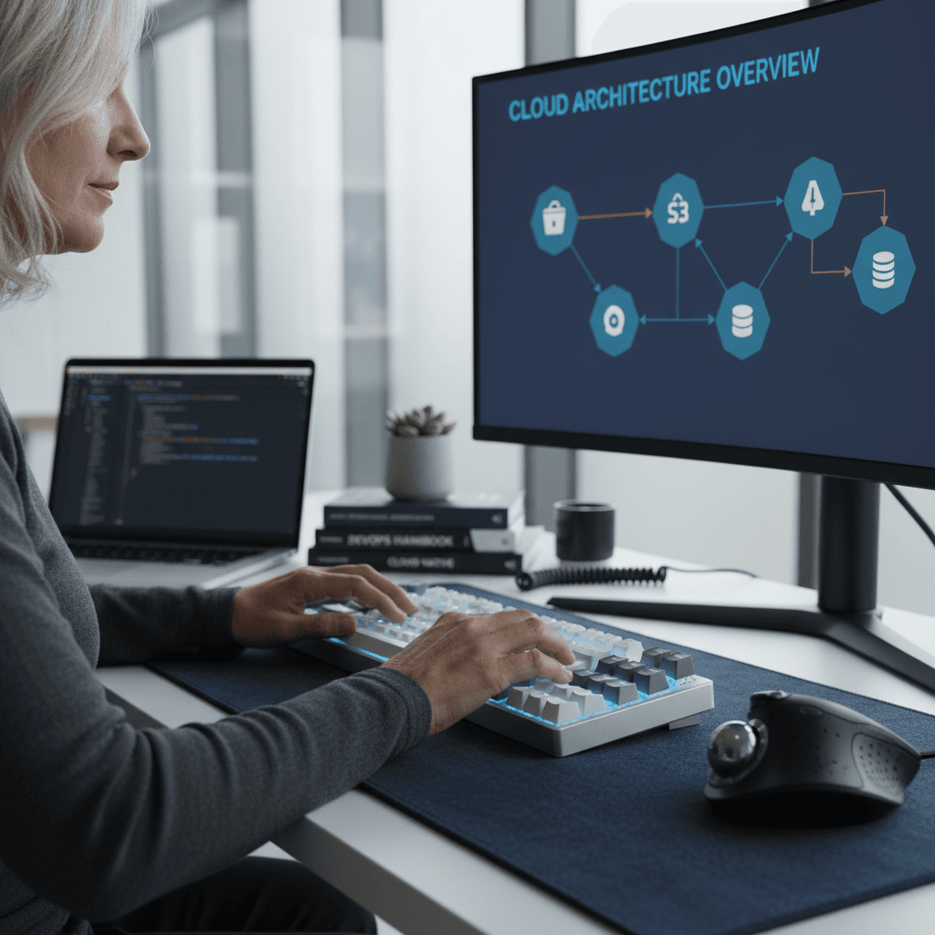 Network engineer reviewing technical wiring diagrams and infrastructure plans on a monitor