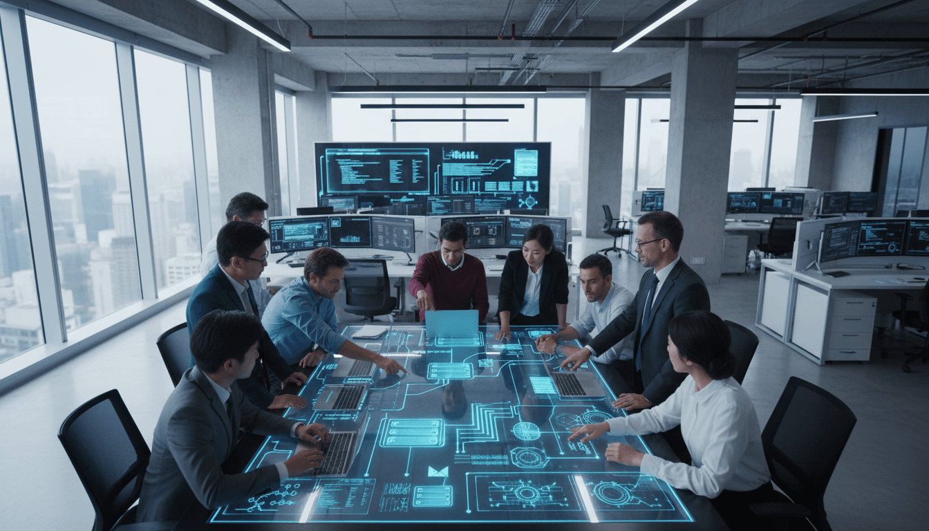 Telecommunications engineers reviewing network blueprints in a modern office