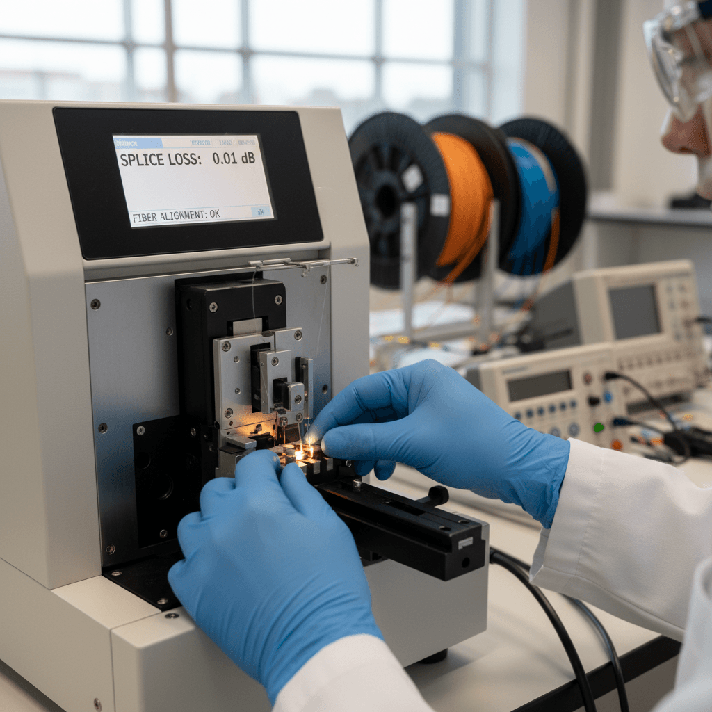 Technician splicing fiber optic cable inside an open outdoor enclosure