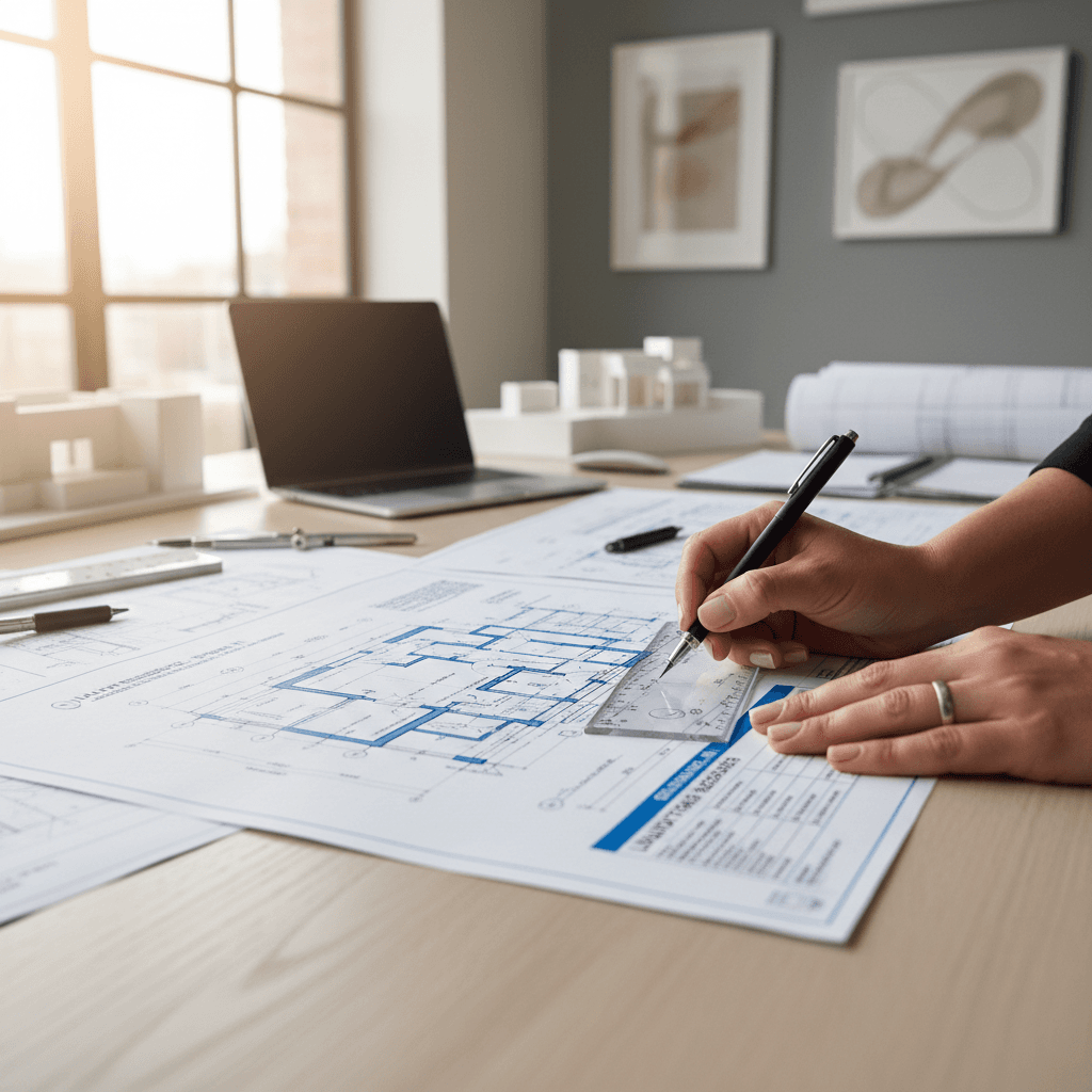 Engineer reviewing technical blueprints in a modern office