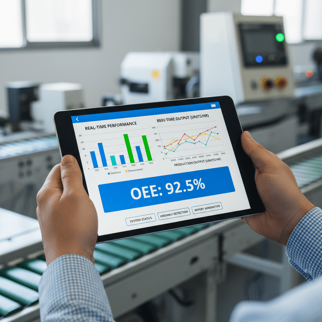 Engineer with tablet reviewing network equipment in an industrial facility