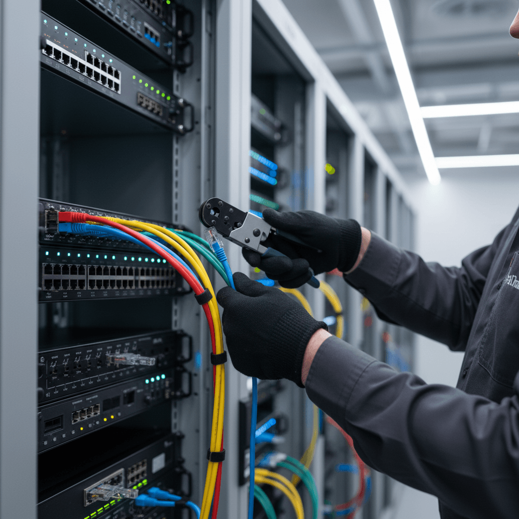 Engineer inspecting network equipment in modern data center