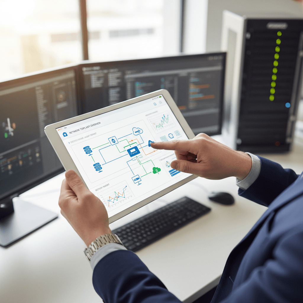 Engineer reviewing network diagrams on monitors in a modern office