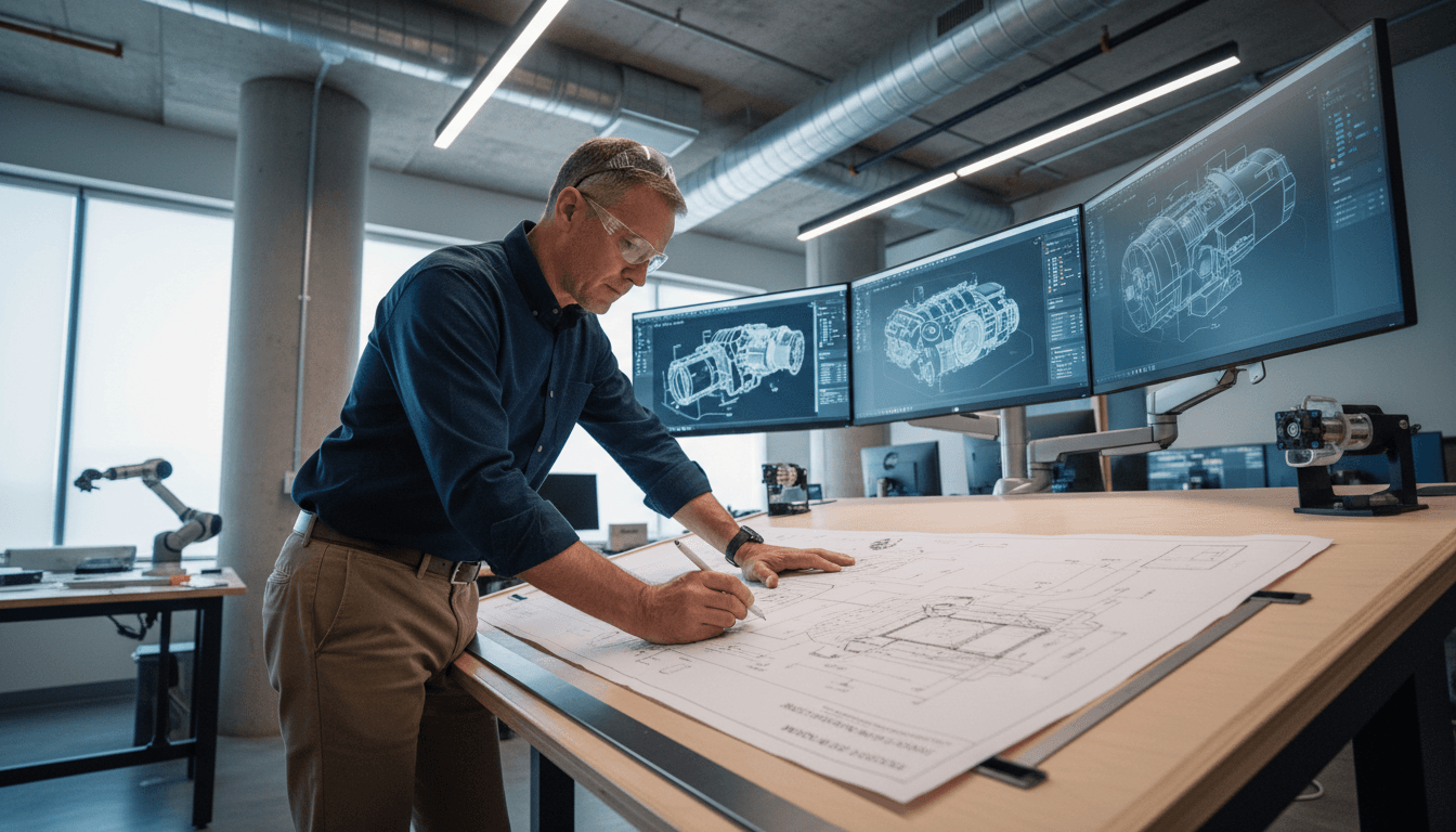 Network engineer reviewing technical blueprints in bright modern office