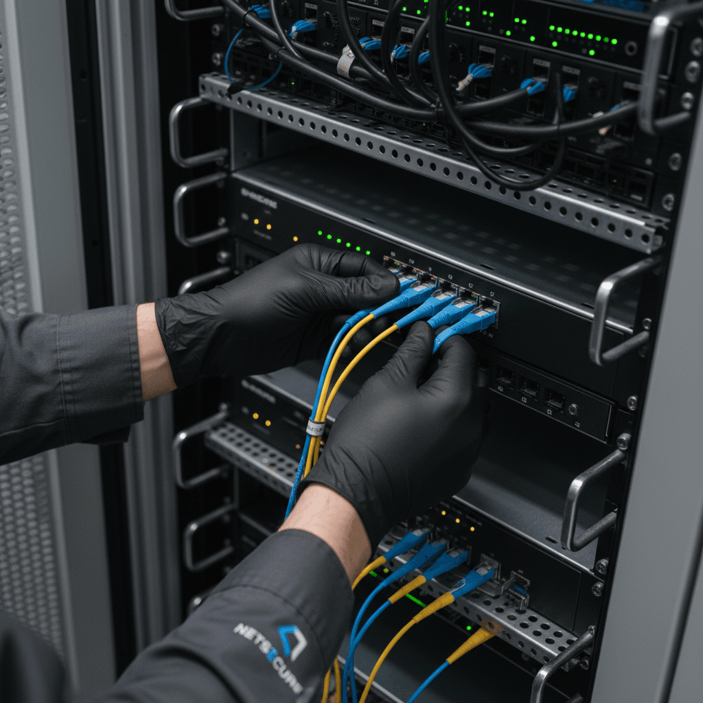 Engineer working with network equipment and fiber optic cables in a modern data center